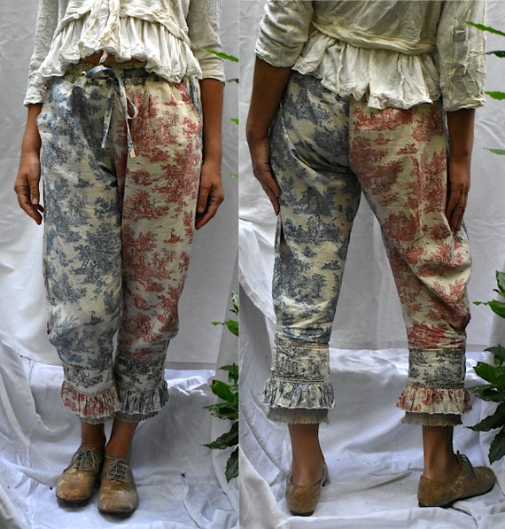 Steampunk Toile de Jouy Bloomers. Lagenlook Ruffle Trousers, pantaloons, Frilly Pants, French Country Print. Contrast Legs. Made to Order