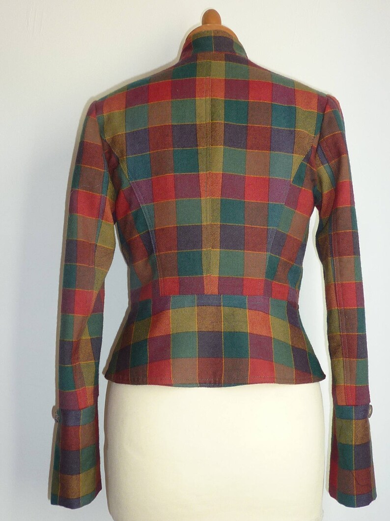 Colourful worsted wool Scottish plaid tailored peplum jacket Made in Ireland standing collar Tartan tweed steampunk jacket fully lined
