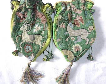 Tudor Animals green tapestry & silk drawstring bag, Made to order. Historical mediæval purse, aumônnière, pochette, pouch, reticule wristlet