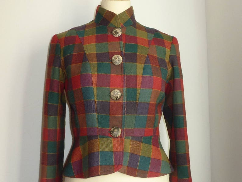 Colourful worsted wool Scottish plaid tailored peplum jacket Made in Ireland standing collar Tartan tweed steampunk jacket fully lined