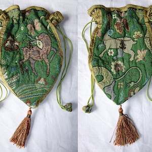 Tudor Animals green tapestry & silk drawstring bag, Made to order. Historical mediæval purse, aumônnière, pochette, pouch, reticule wristlet