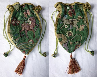 Tudor Animals green tapestry & silk drawstring bag, Made to order. Historical mediæval purse, aumônnière, pochette, pouch, reticule wristlet