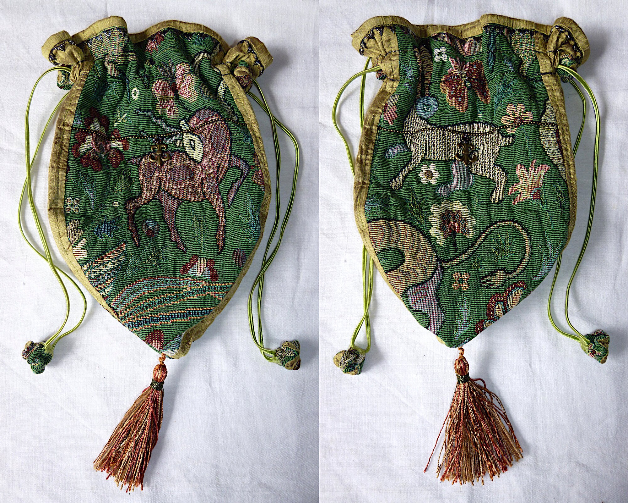 View of Tudor Animals Green Tapestry & Silk Drawstring Bag, Made to Order ...