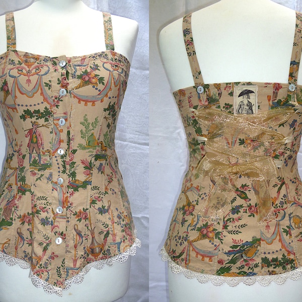 Haut corset en coton avec impression toile de jouy, FAIT SUR COMMANDE.  Bustier steampunk de style victorien édouardien.  Camisole sans manches réglable.