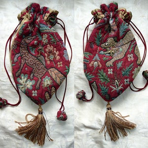 Tudor Animals tapestry & silk drawstring bags, Made To Order. Historical mediaeval purse, aumônnière, pochette, pouch, reticule wristlet.