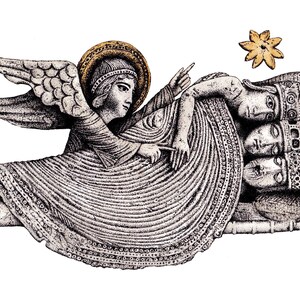 May include: A black and white illustration of an angel with wings, holding a group of three people in a bed. The angel is wearing a robe and has a halo. The people are sleeping and have their heads covered with blankets. A gold star is above the scene.