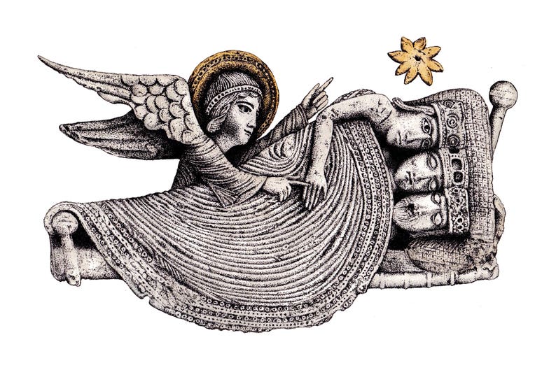 May include: A black and white illustration of an angel with wings, holding a group of three people in a bed. The angel is wearing a robe and has a halo. The people are sleeping and have their heads covered with blankets. A gold star is above the scene.