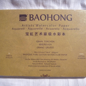 Papel de acuarela BaoHong de calidad artística, grano grueso, bloque engomado de 20 hojas. 12,5 x 18 cm. 100% algodón, 300 g/m², encolado en gelatina, hecho con molde.