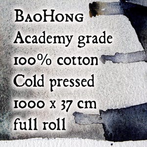 Academy grade BaoHong watercolour paper, 27 x 1000 cm roll. 100% cotton, 300gsm, cold pressed, gelatine sized, mould made. Natural white.
