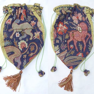 Tudor Animals tapestry & silk bags, in navy blue. Made To Order. Historical mediaeval purse, aumônnière, pochette, pouch, reticule wristlet.