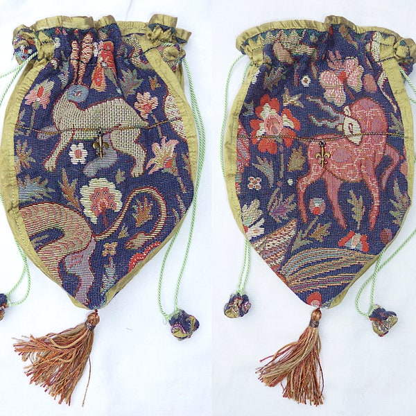 Tudor Animals tapestry & silk bags, in navy blue. Made To Order. Historical mediaeval purse, aumônnière, pochette, pouch, reticule wristlet.