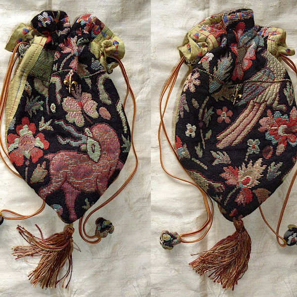 Tudor Animals tapestry & silk drawstring bags, Made To Order. Historical mediaeval purse, aumônnière, pochette, pouch, reticule wristlet.