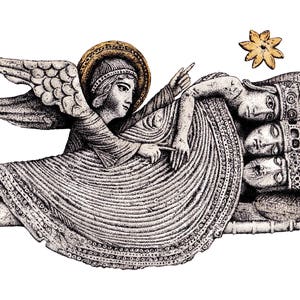 Cartolina di Natale Dream Of The Magi download digitale. Angelo di Betlemme e Re Magi, Cattedrale di Autun, stampa dei Re Magi di opere d'arte originali