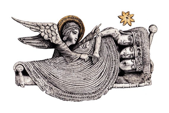 Christmas card Dream Of The Magi digital download. Bethlehem Angel & Three Kings, Autun Cathedral, Three Wise Men print of original artwork