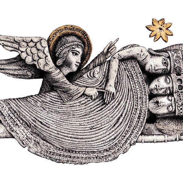 Christmas card Dream Of The Magi digital download. Bethlehem Angel & Three Kings, Autun Cathedral, Three Wise Men print of original artwork