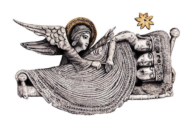 May include: A black and white illustration of an angel with a golden halo, reaching down to three people lying in a bed. The angel is wearing a long robe and has wings. The people are covered in blankets and have their heads resting on pillows. The illustration is set against a white background.