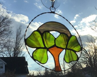 Shamrock tree with rainbow, handcrafted stained glass suncatcher.