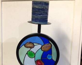 Wrought iron handcrafted stained glass candle holder with agate stones from Colorado and glass gems.