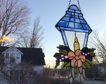 Winter Welcome Lantern, handcrafted stained glass suncatcher.