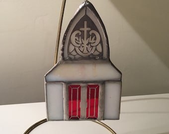 Church with red doors, handcrafted stained glass suncatcher.