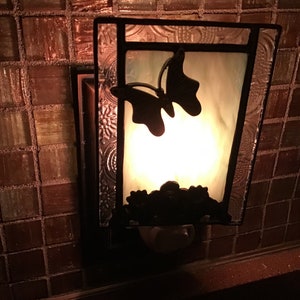 Nightlight with butterfly and floral bottom, handcrafted stained glass.