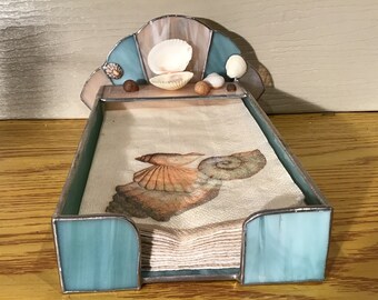 Guest towel holder handcrafted stained glass with seashells from Ireland.