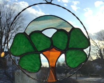 Shamrock tree with rainbow, handcrafted stained glass suncatcher.