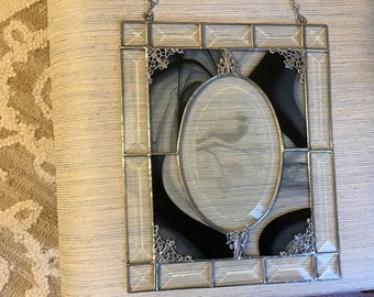 Chickadee in glass beveled frame, handcrafted stained glass panel.