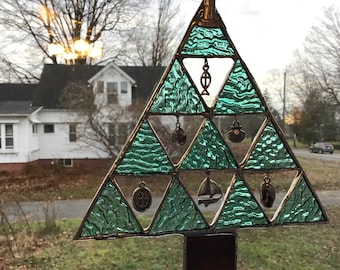 Nautical triangle Christmas tree, handcrafted stained glass suncatcher.