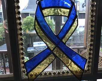 Ukrainian ribbon handcrafted stained glass suncatcher.