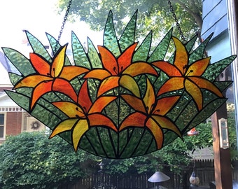 Basket of lilies, handcrafted stained glass panel.