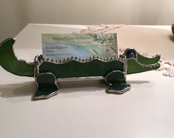 Alligator handcrafted stained glass business card holder.