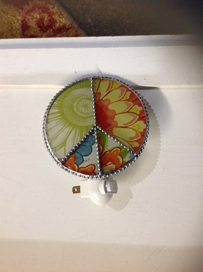 Peace sign handcrafted stained glass nightlight with flower power!