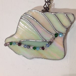 Handcrafted stained glass seashell with iridized glass and Swarovski crystals