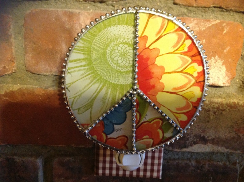 Peace sign handcrafted stained glass nightlight with flower power!