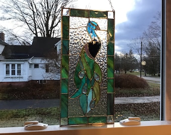 Peacock, handcrafted stained glass panel.