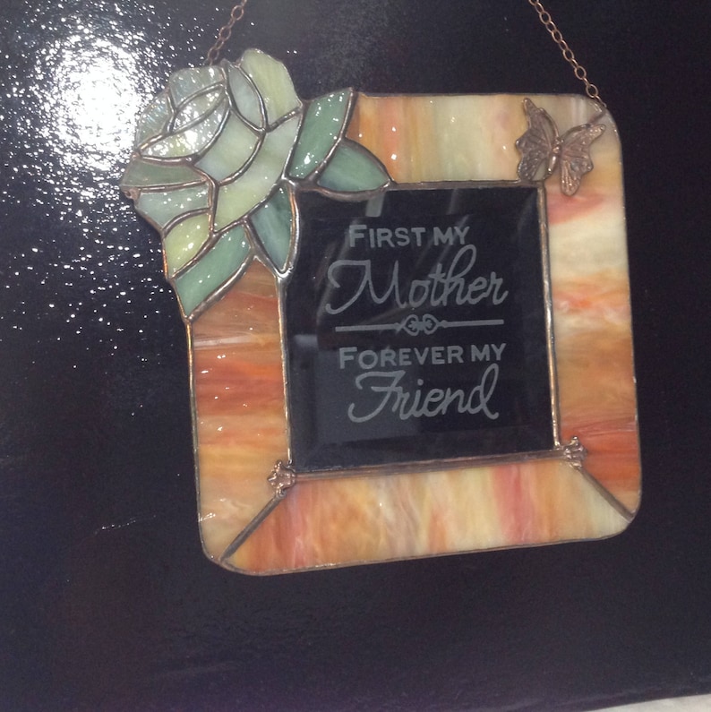 Stained glass etched bevel with verse suncatcher.