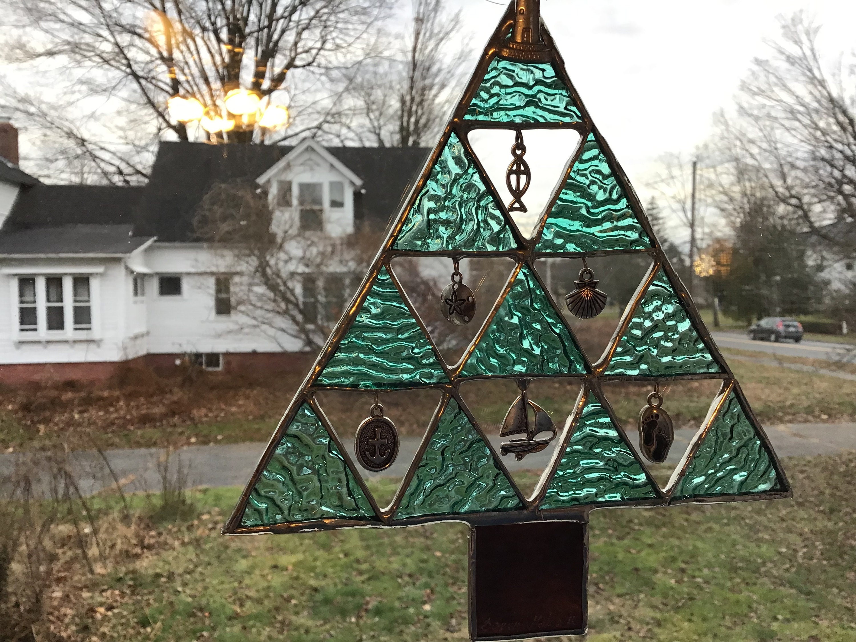 Nautical triangle Christmas tree, handcrafted stained glass suncatcher.