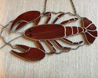 Lobster, handcrafted stained glass suncatcher.