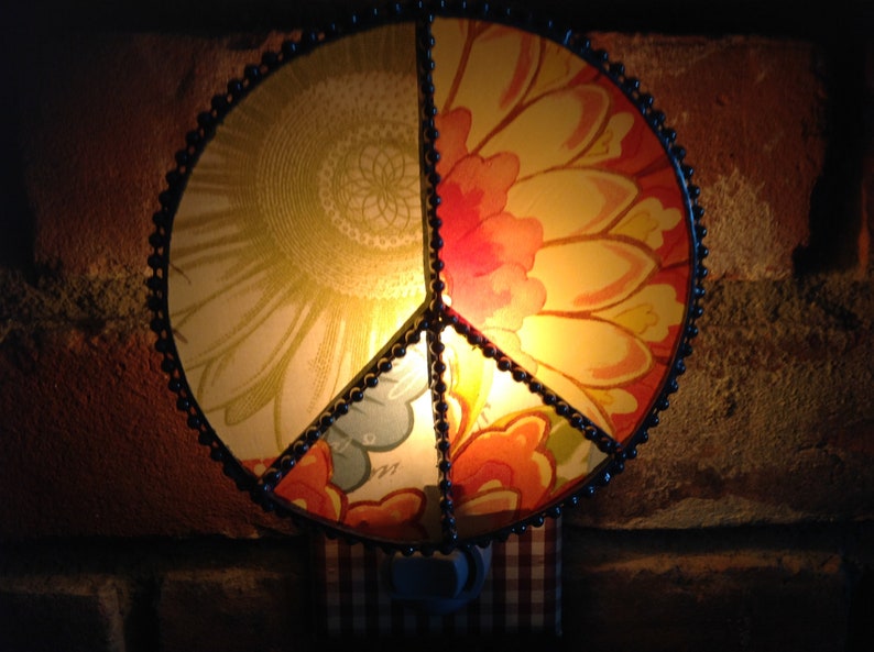 Peace sign handcrafted stained glass nightlight with flower power!