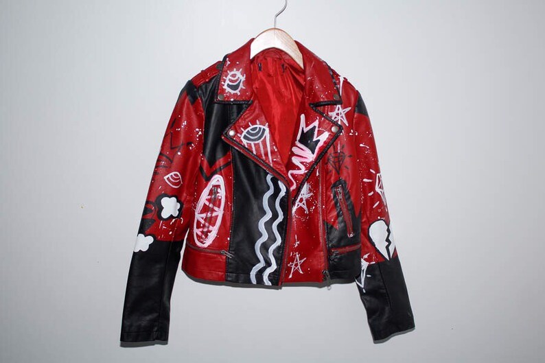 Hand Painted Faux Leather Jacket Moto Red Burdy Imitation Fake Vegan