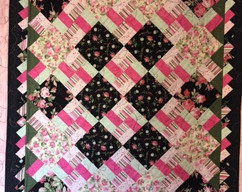 Modern Pink Black Quilt, Quilts for Sale Handmade,Handmade Quilts, Girls Quilts, Baby Quilts, Teen Quilts, Lap Quilt
