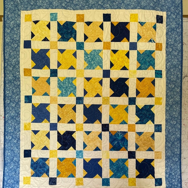 Blue/Yellow Sunshine Quilt, Quilts for Sale Handmade, Handmade Quilts, Homemade Quilts, Birthday Quilts, Lap Quilts Quilts as Gifts