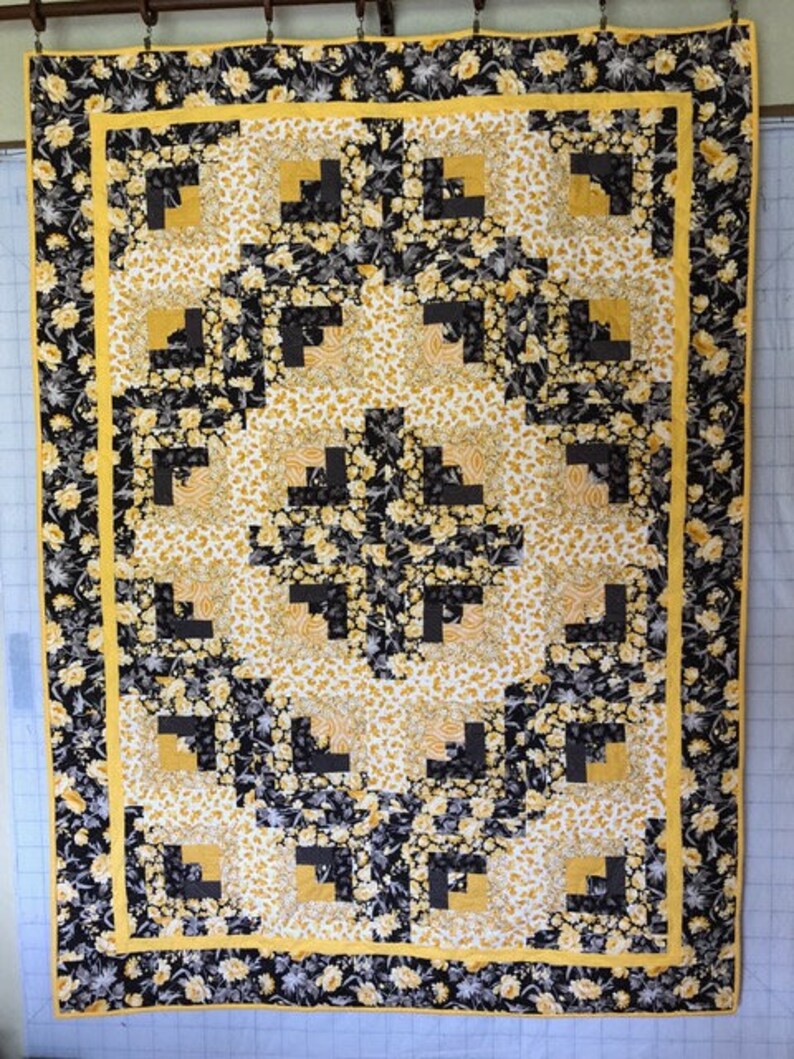 Yellow/Black Floral Log Cabin Quilt Quilts for Sale ...