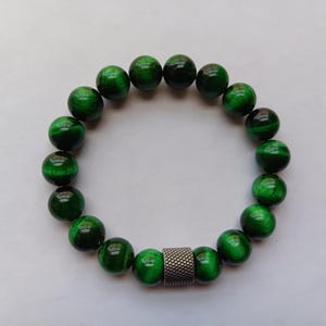 Green Tiger Eye Bead Bracelet: Stainless Steel Spacer