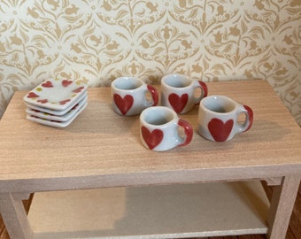 12 scale dolls house miniature set of Valentine’s 4 porcelain heart plates and 4 mugs
