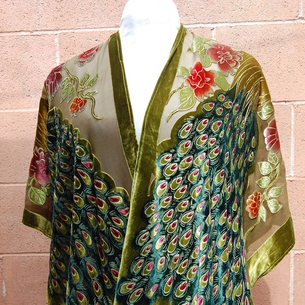 Silk Rayon Velvet Burn-Out Devore Shrug Stole Cocoon Wrap Beautiful Peacock Tail Feathers Roses Teal Green OSFM
