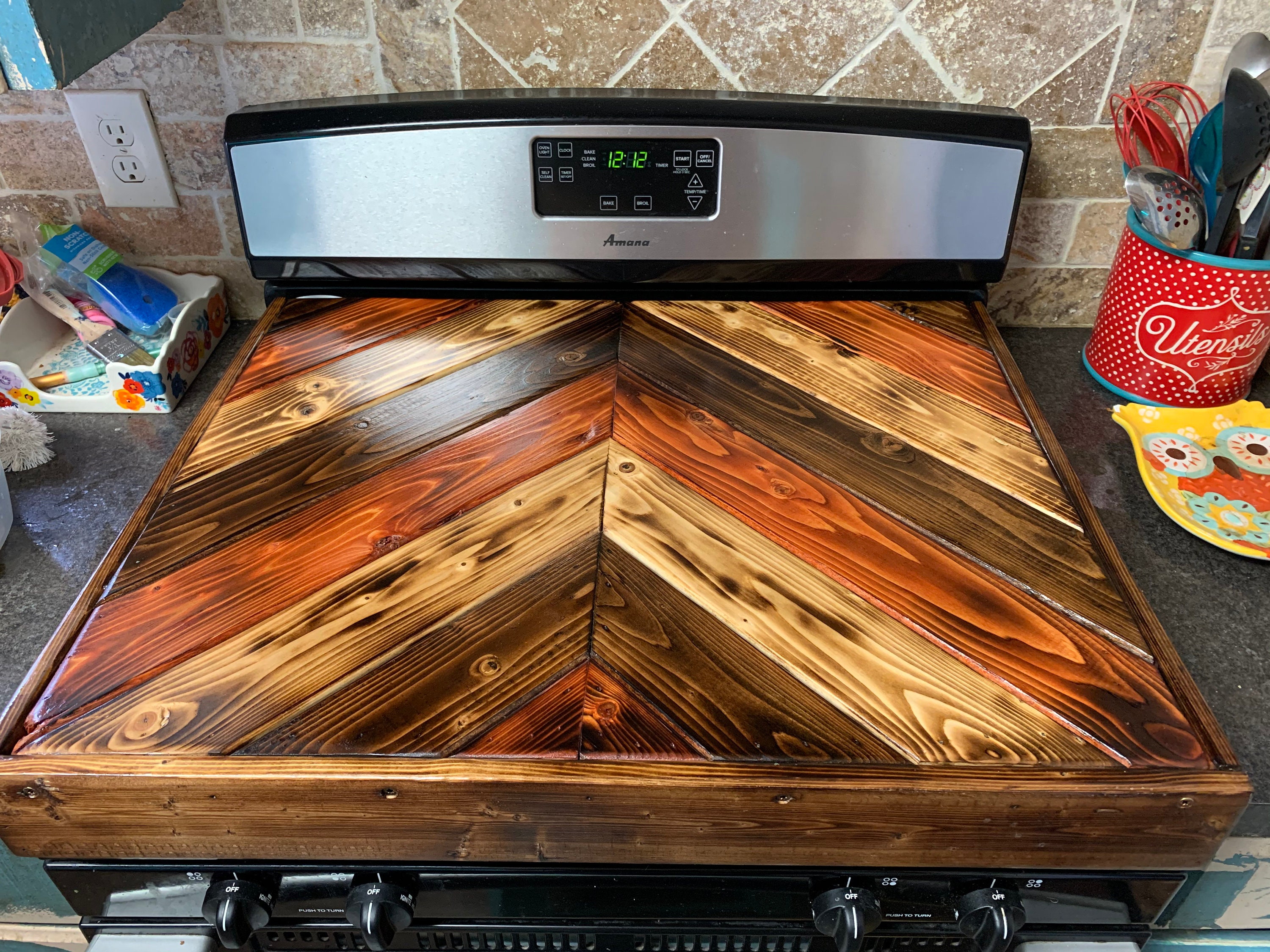 Handmade Chevron Wood Stove Top Cover, Stove Cover, Noodle Board, Stove Top  Cover, Chevron 