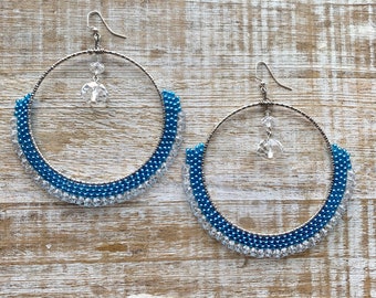Silver Hoop Blue Bead Hoop Earrings Elegant Stitched Golden State Warriors Gift Statement Hoop Earrings