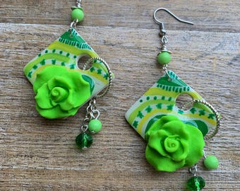 Lime Green Rose Clay Earrings Neon Green Painted One of a Kind Green Cute Best Friend Gift Adorable Clip On Earrings Ear Weights Gauges